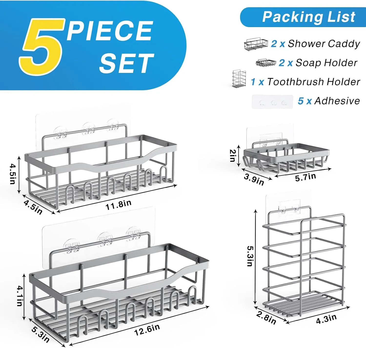 5-Pack Rustproof Stainless Steel Shower Caddy – No Drill Adhesive Bathroom Organizer with Large Capacity, Spacious Shower Shelves for Inside Shower, Kitchen & Home Decor Storage