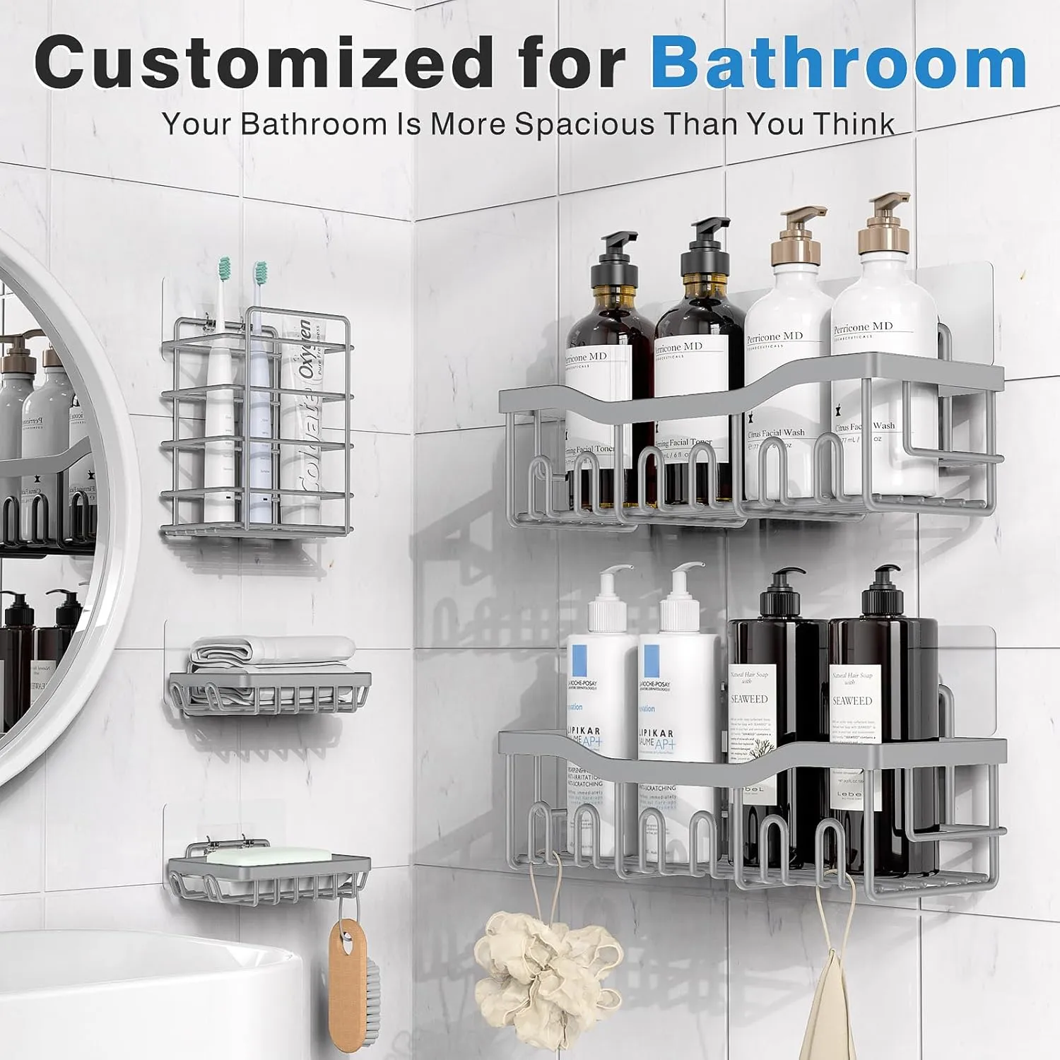 5-Pack Rustproof Stainless Steel Shower Caddy – No Drill Adhesive Bathroom Organizer with Large Capacity, Spacious Shower Shelves for Inside Shower, Kitchen & Home Decor Storage