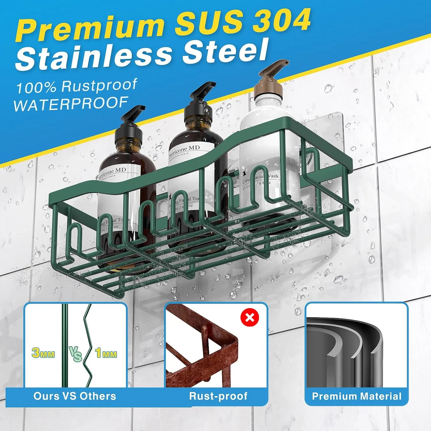 5-Pack Rustproof Stainless Steel Shower Caddy – No Drill Adhesive Bathroom Organizer with Large Capacity, Spacious Shower Shelves for Inside Shower, Kitchen & Home Decor Storage