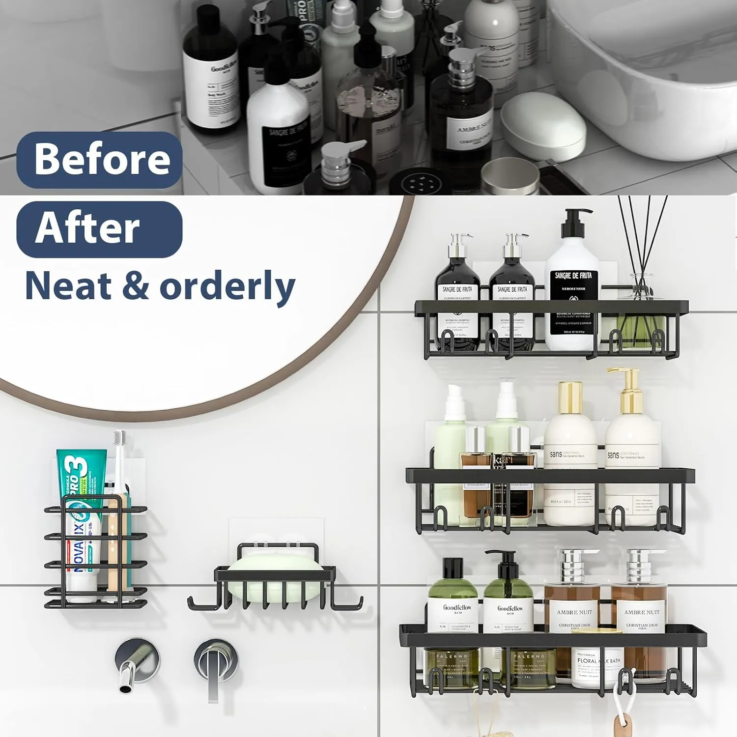 5 Pack Shower Caddy Organizer Rack Shelf for Inside Shower, Adhesive Bathroom Wall Storage Basket Rustproof Stainless Steel Shampoo Holder, Bathroom Accessory Decor Set, Black