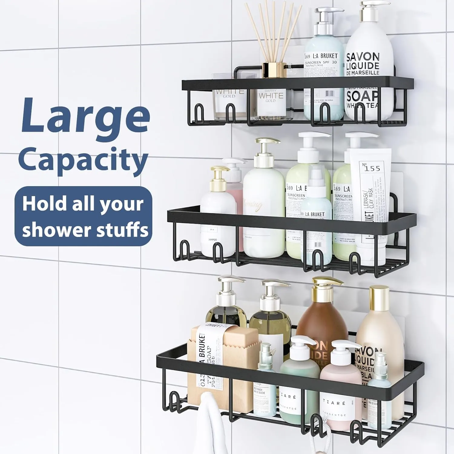 5 Pack Shower Caddy Organizer Rack Shelf for Inside Shower, Adhesive Bathroom Wall Storage Basket Rustproof Stainless Steel Shampoo Holder, Bathroom Accessory Decor Set, Black