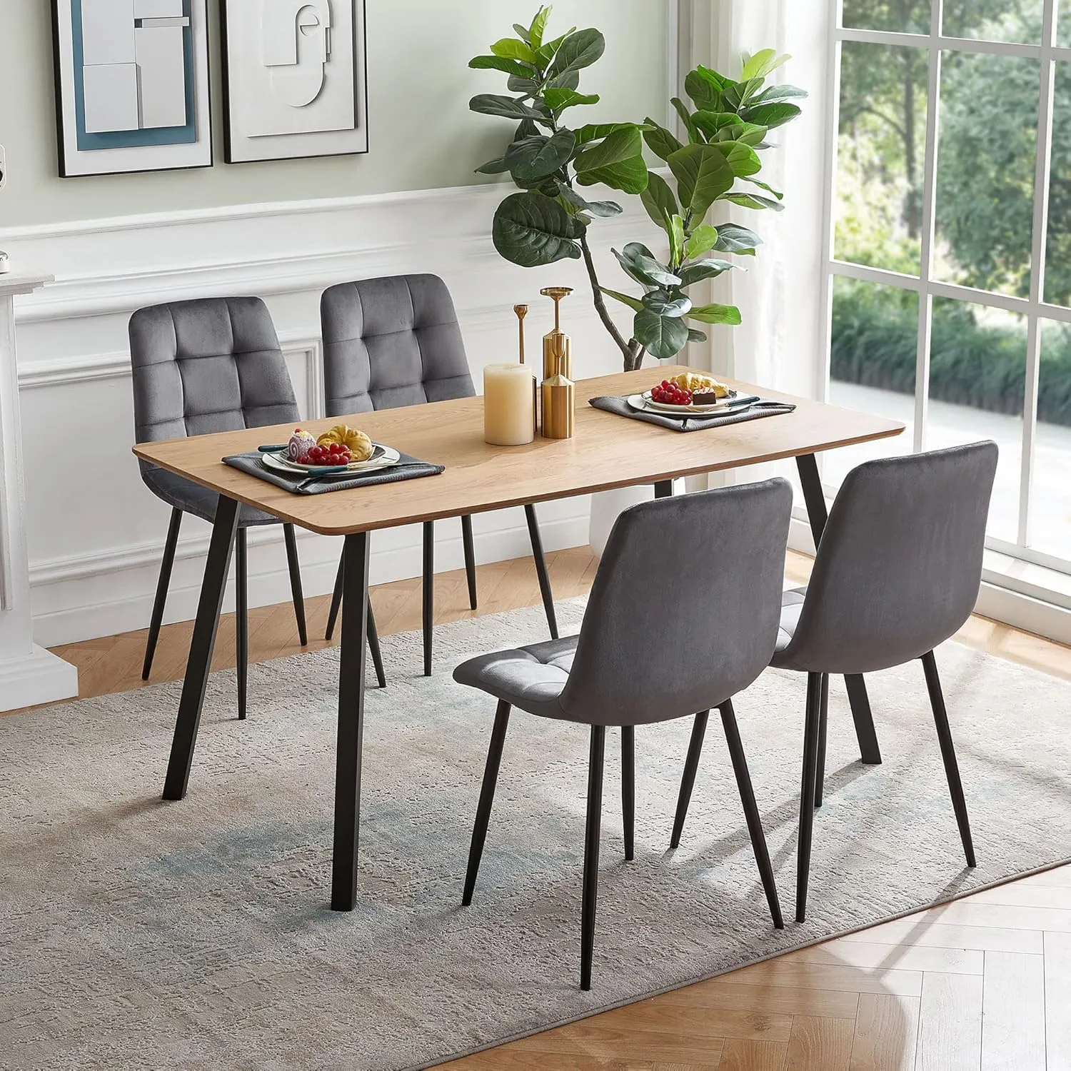 5 Pieces Table Set for 4,Oblong Imitation Wood Table for Home Office,Mid-Century Tufted Accent Chair Upholstered Living Room Chair Velvet with Backrest for Meeting Room,Reading Room
