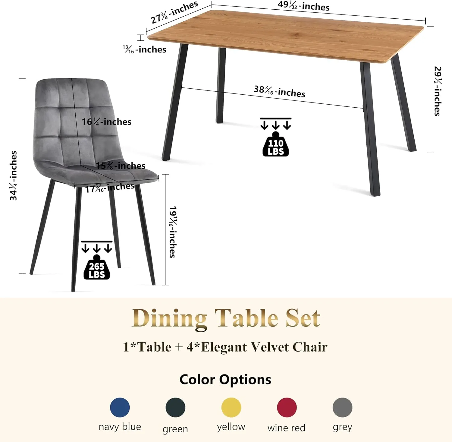 5 Pieces Table Set for 4,Oblong Imitation Wood Table for Home Office,Mid-Century Tufted Accent Chair Upholstered Living Room Chair Velvet with Backrest for Meeting Room,Reading Room