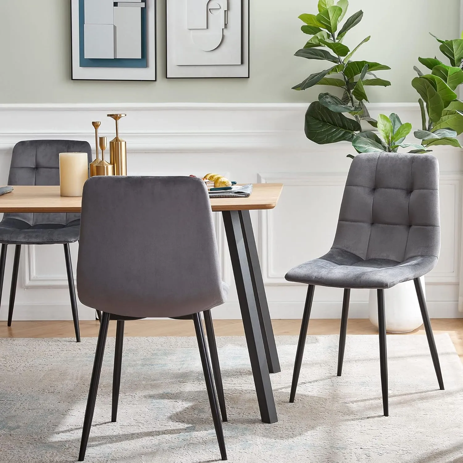 5 Pieces Table Set for 4,Oblong Imitation Wood Table for Home Office,Mid-Century Tufted Accent Chair Upholstered Living Room Chair Velvet with Backrest for Meeting Room,Reading Room