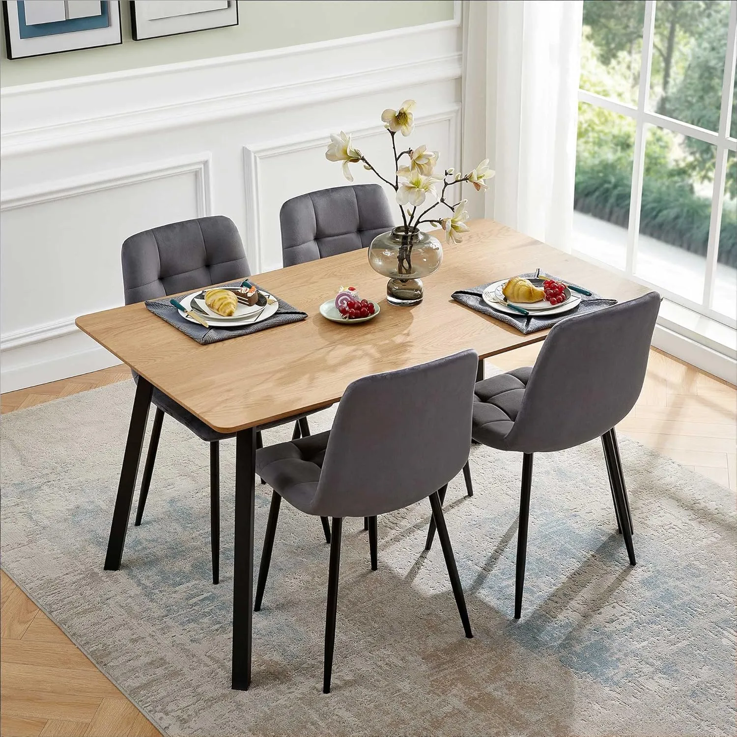 5 Pieces Table Set for 4,Oblong Imitation Wood Table for Home Office,Mid-Century Tufted Accent Chair Upholstered Living Room Chair Velvet with Backrest for Meeting Room,Reading Room