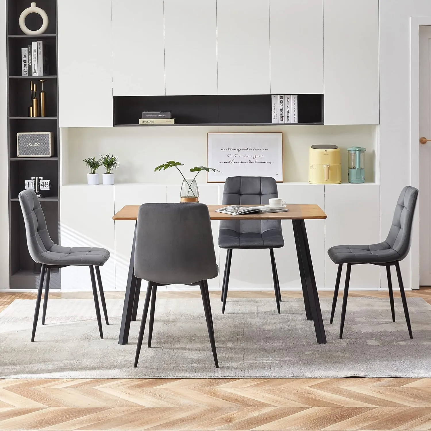 5 Pieces Table Set for 4,Oblong Imitation Wood Table for Home Office,Mid-Century Tufted Accent Chair Upholstered Living Room Chair Velvet with Backrest for Meeting Room,Reading Room