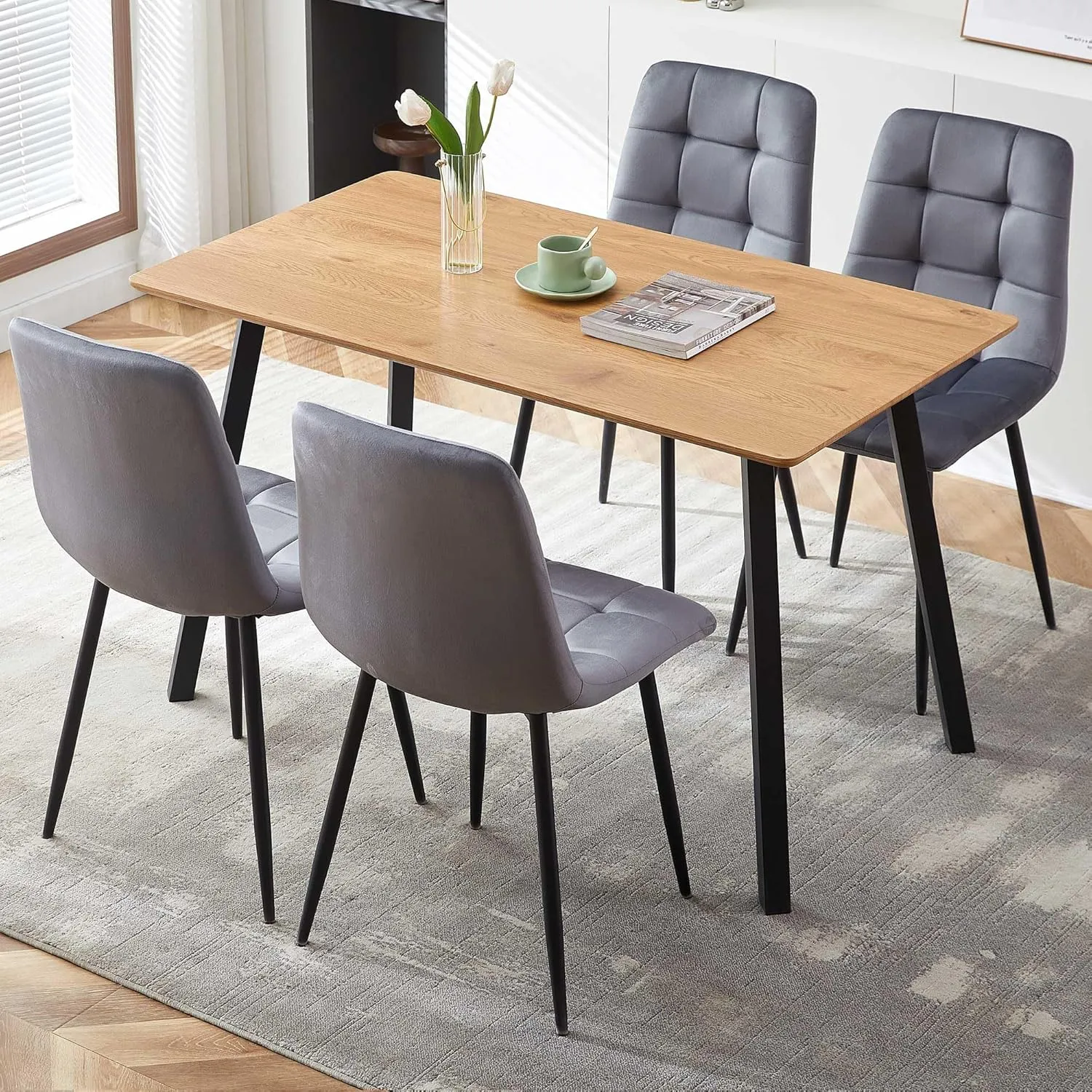 5 Pieces Table Set for 4,Oblong Imitation Wood Table for Home Office,Mid-Century Tufted Accent Chair Upholstered Living Room Chair Velvet with Backrest for Meeting Room,Reading Room