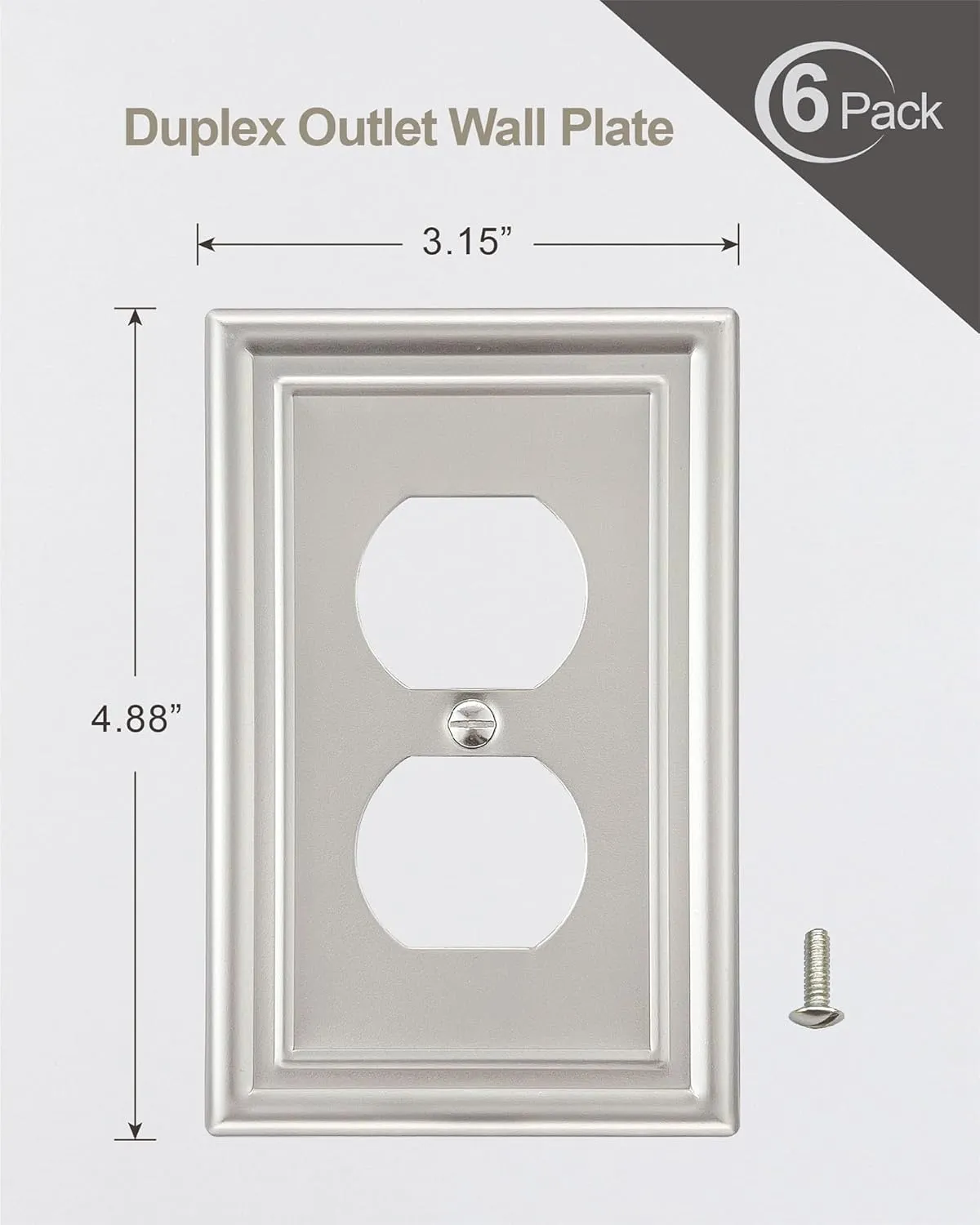 6-Pack Satin Nickel Outlet Cover, Single Duplex Wall Plate for Electrical Outlet, Light Switch, Durable Metal, 3.15''*4.88'', Midsize