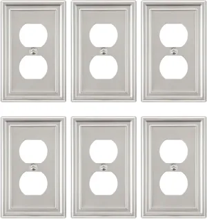 6-Pack Satin Nickel Outlet Cover, Single Duplex Wall Plate for Electrical Outlet, Light Switch, Durable Metal, 3.15''*4.88'', Midsize