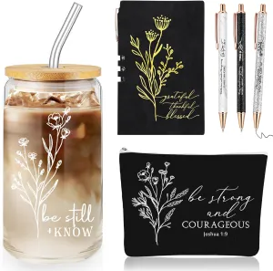 6 Pcs Christian Gift for Women Faith Be Still and Know 16 oz Tumbler Aesthetic Cup A6 Leather Religious Journal Ballpoint Pen Makeup Bag for Sunday School Godmother