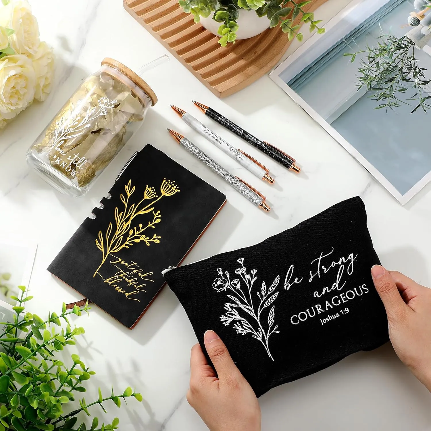 6 Pcs Christian Gift for Women Faith Be Still and Know 16 oz Tumbler Aesthetic Cup A6 Leather Religious Journal Ballpoint Pen Makeup Bag for Sunday School Godmother