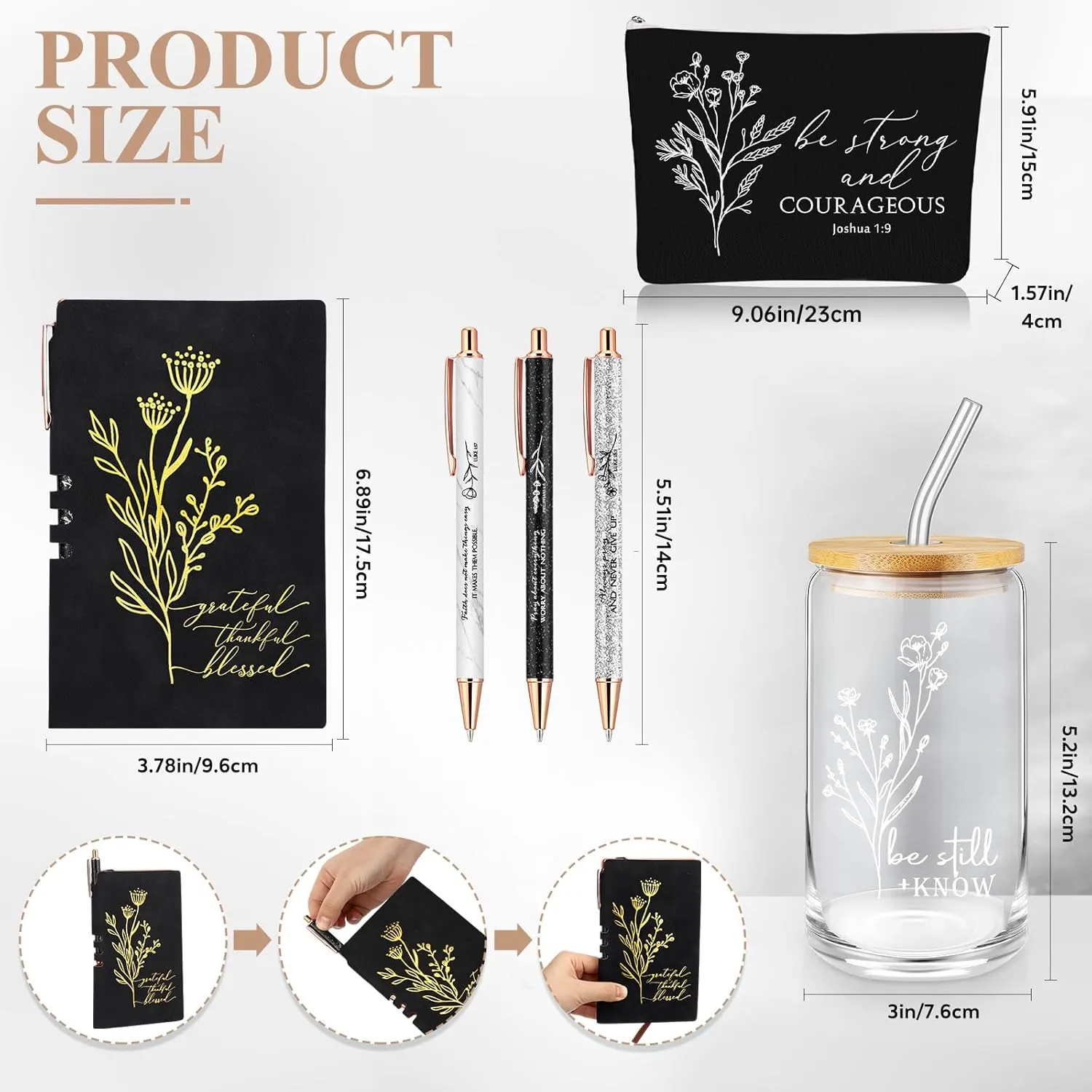 6 Pcs Christian Gift for Women Faith Be Still and Know 16 oz Tumbler Aesthetic Cup A6 Leather Religious Journal Ballpoint Pen Makeup Bag for Sunday School Godmother