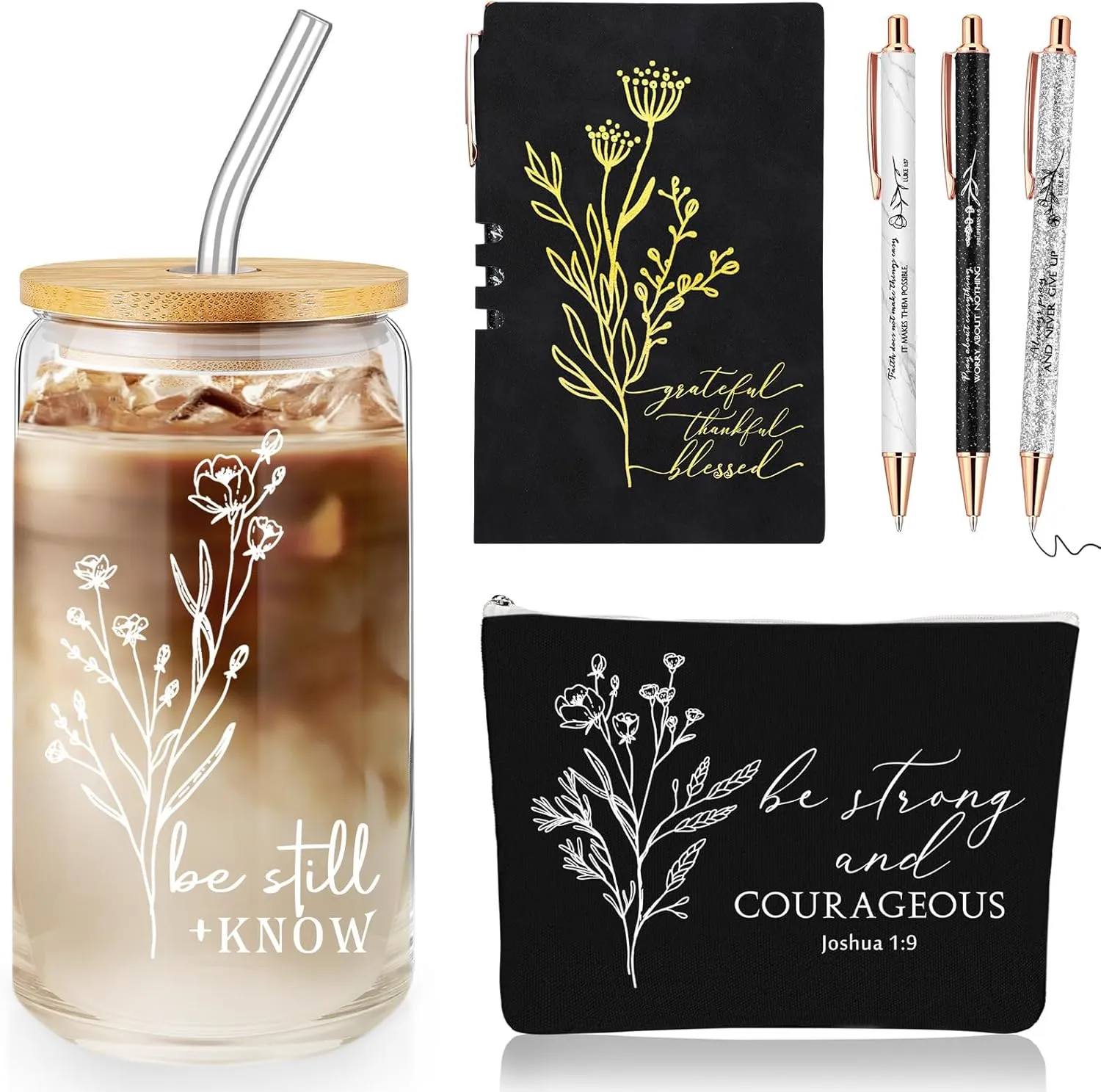 6 Pcs Christian Gift for Women Faith Be Still and Know 16 oz Tumbler Aesthetic Cup A6 Leather Religious Journal Ballpoint Pen Makeup Bag for Sunday School Godmother