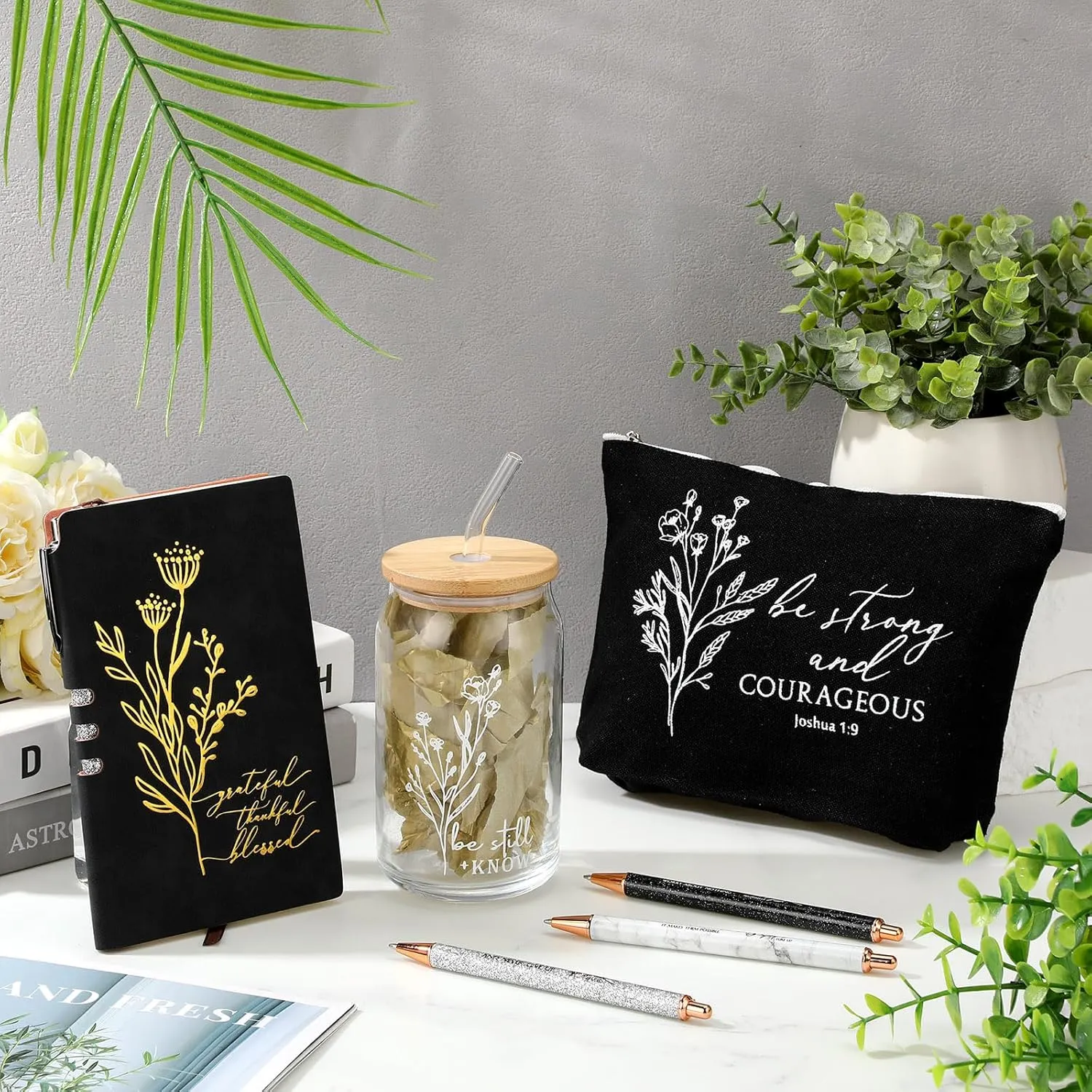 6 Pcs Christian Gift for Women Faith Be Still and Know 16 oz Tumbler Aesthetic Cup A6 Leather Religious Journal Ballpoint Pen Makeup Bag for Sunday School Godmother