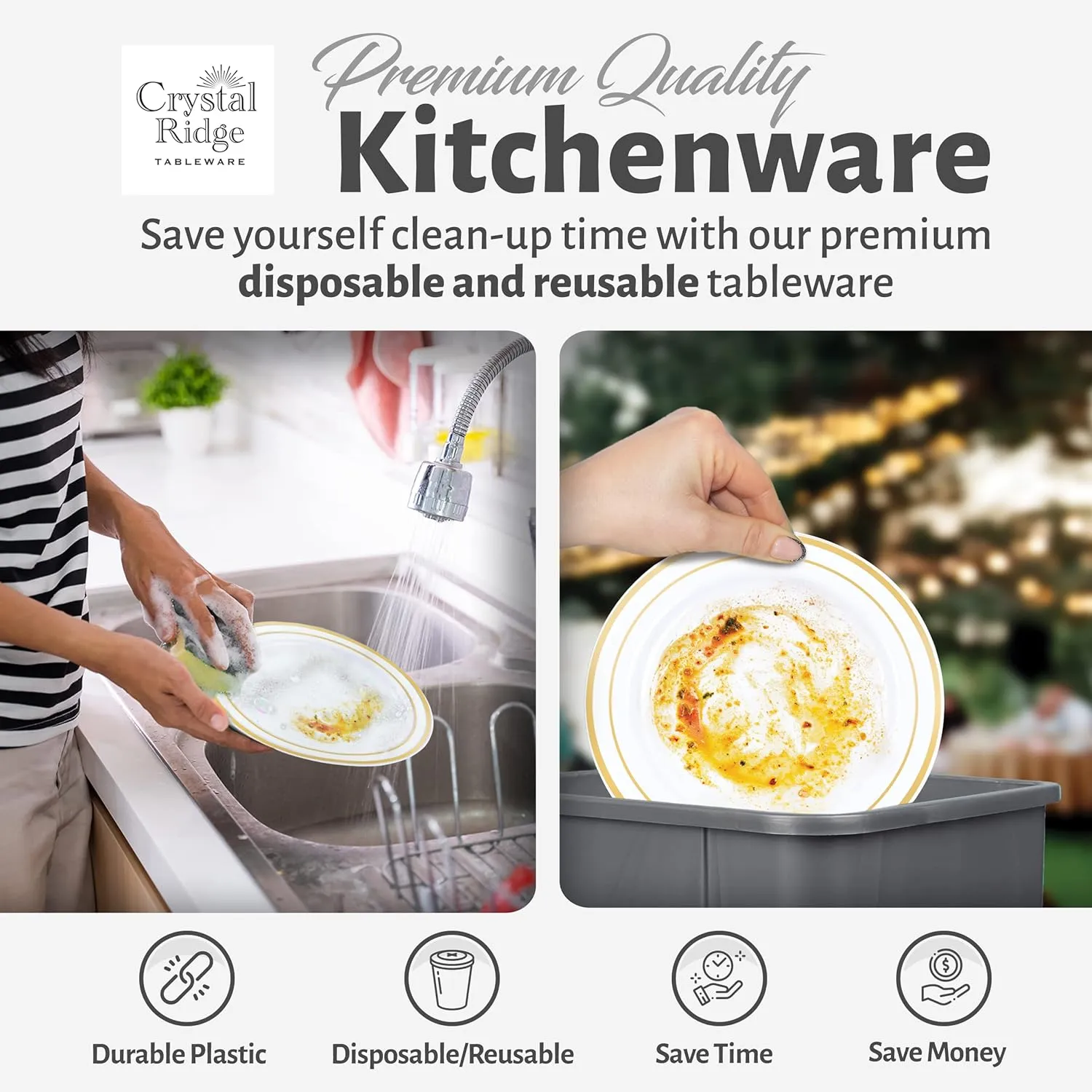 600-Piece Premium Plastic Dinnerware Set for 100 Guests - Includes 100 Dinner Plates, Salad Plates, Cutlery (Forks, Knives, Spoons), Cups - White with Gold Rim