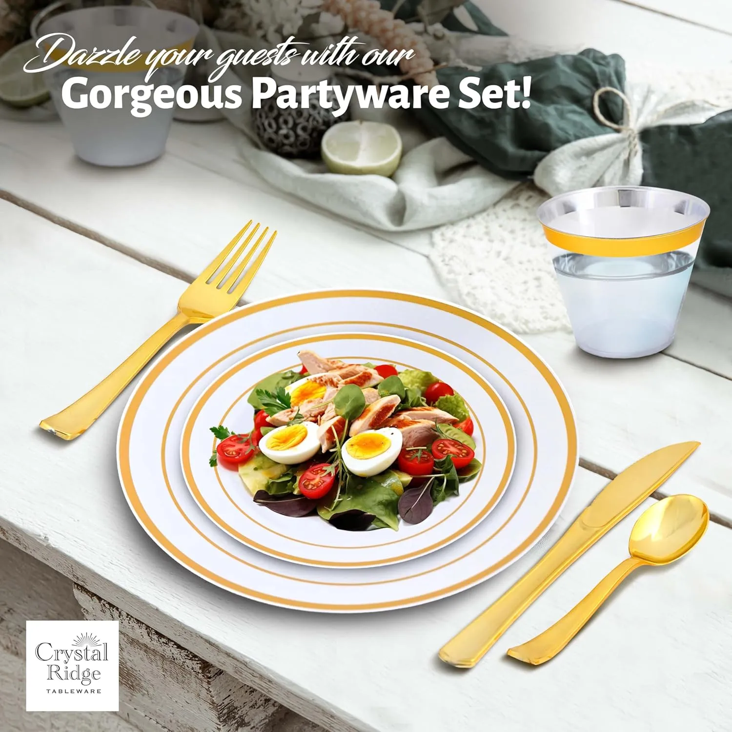 600-Piece Premium Plastic Dinnerware Set for 100 Guests - Includes 100 Dinner Plates, Salad Plates, Cutlery (Forks, Knives, Spoons), Cups - White with Gold Rim