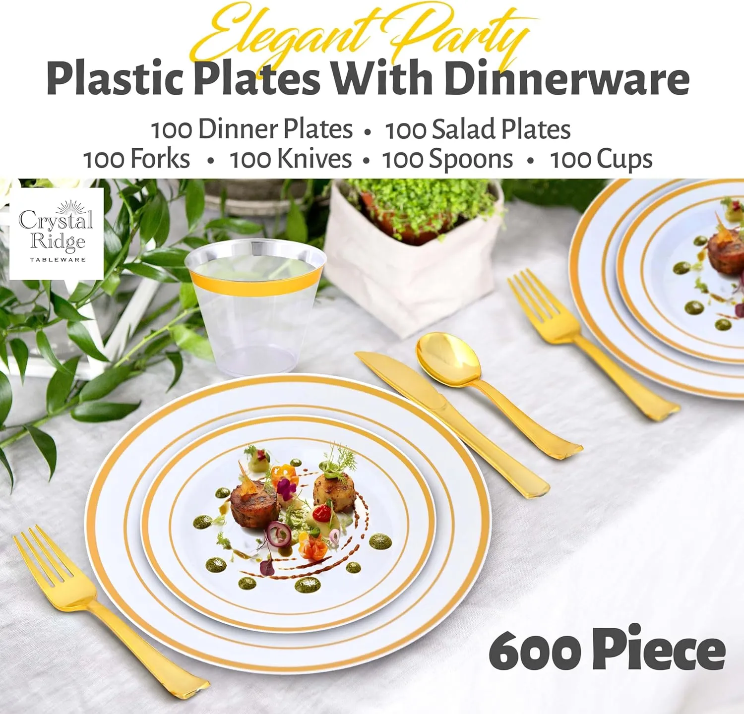 600-Piece Premium Plastic Dinnerware Set for 100 Guests - Includes 100 Dinner Plates, Salad Plates, Cutlery (Forks, Knives, Spoons), Cups - White with Gold Rim