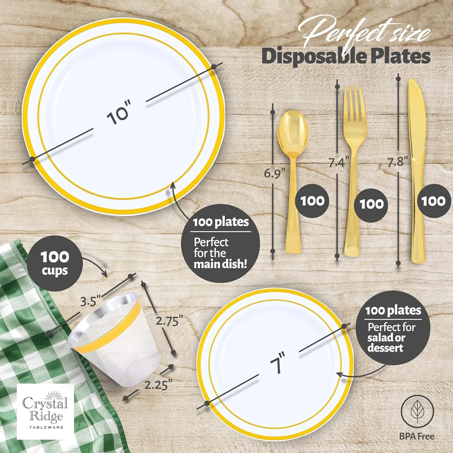 600-Piece Premium Plastic Dinnerware Set for 100 Guests - Includes 100 Dinner Plates, Salad Plates, Cutlery (Forks, Knives, Spoons), Cups - White with Gold Rim