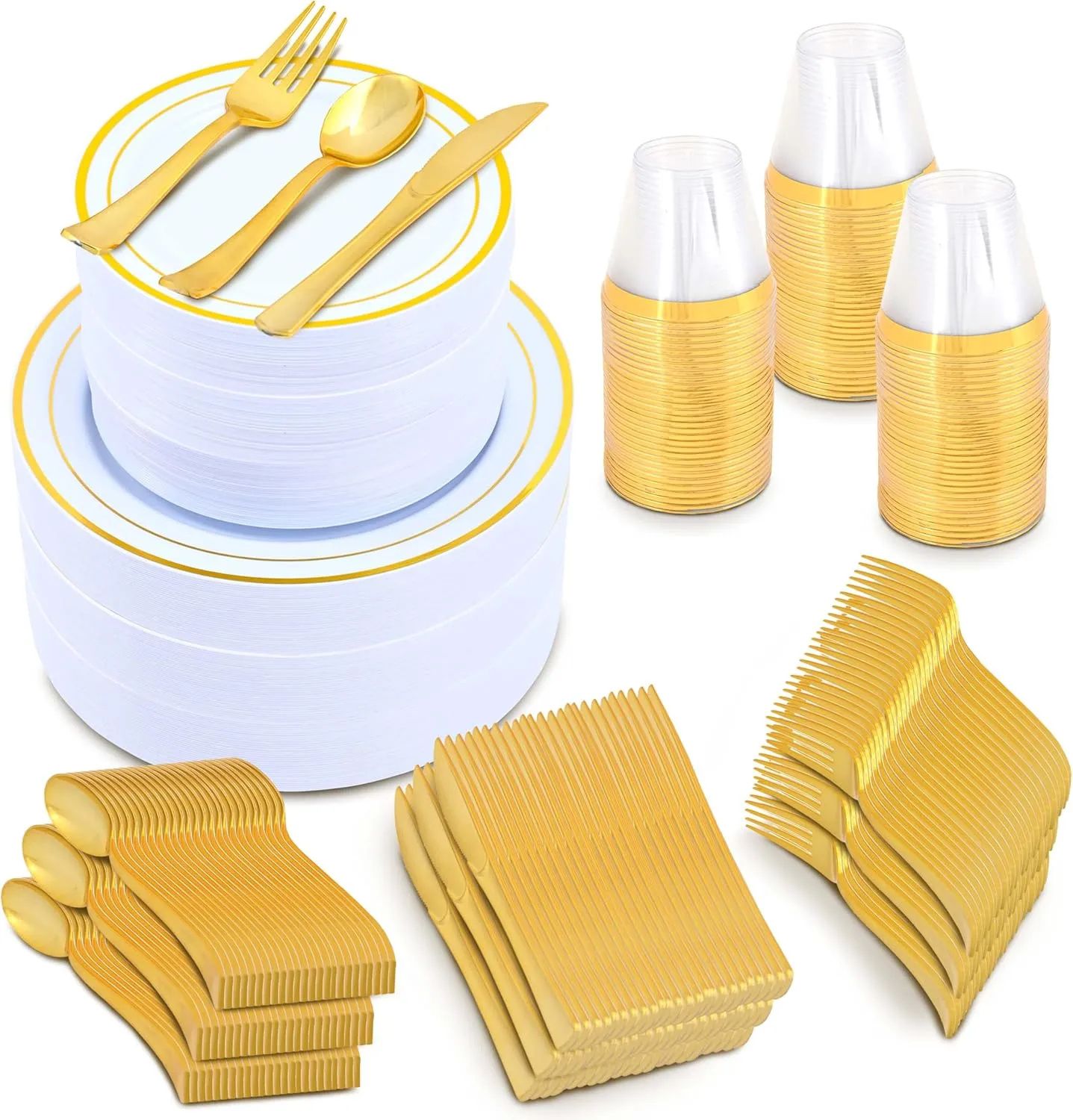 600-Piece Premium Plastic Dinnerware Set for 100 Guests - Includes 100 Dinner Plates, Salad Plates, Cutlery (Forks, Knives, Spoons), Cups - White with Gold Rim