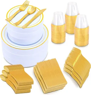 600-Piece Premium Plastic Dinnerware Set for 100 Guests - Includes 100 Dinner Plates, Salad Plates, Cutlery (Forks, Knives, Spoons), Cups - White with Gold Rim