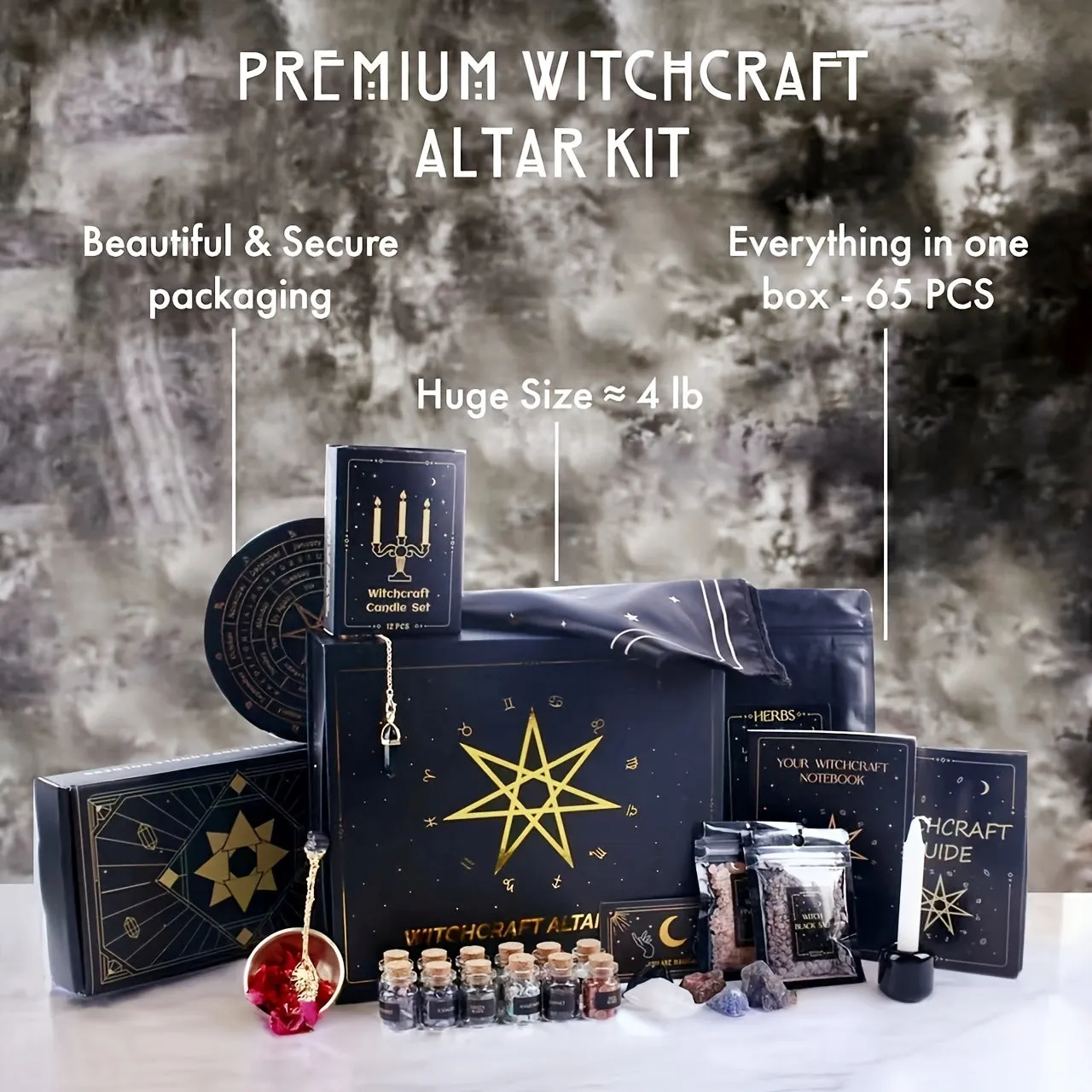 65-PCS Deluxe Witchcraft Kit - Rock Crystal Witch Altar Starter Set