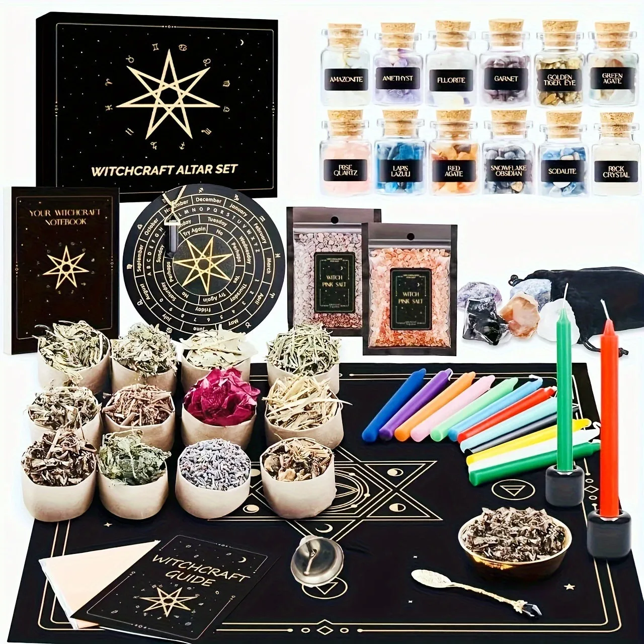 65-PCS Deluxe Witchcraft Kit - Rock Crystal Witch Altar Starter Set