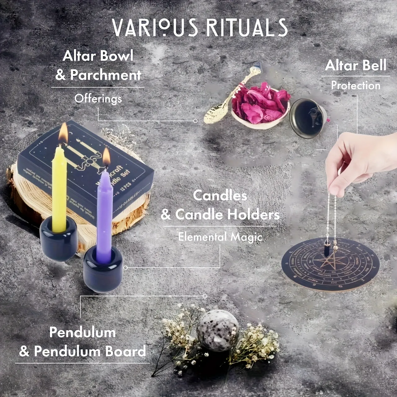 65-PCS Deluxe Witchcraft Kit - Rock Crystal Witch Altar Starter Set