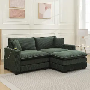 82.7" L Shaped Sectional Sofa with Cup Holders & USB Ports, Modern Loveseat Cloud Couch with Ottoman for Living Room, Apartment, Small Spaces, Emerald Green Corduroy