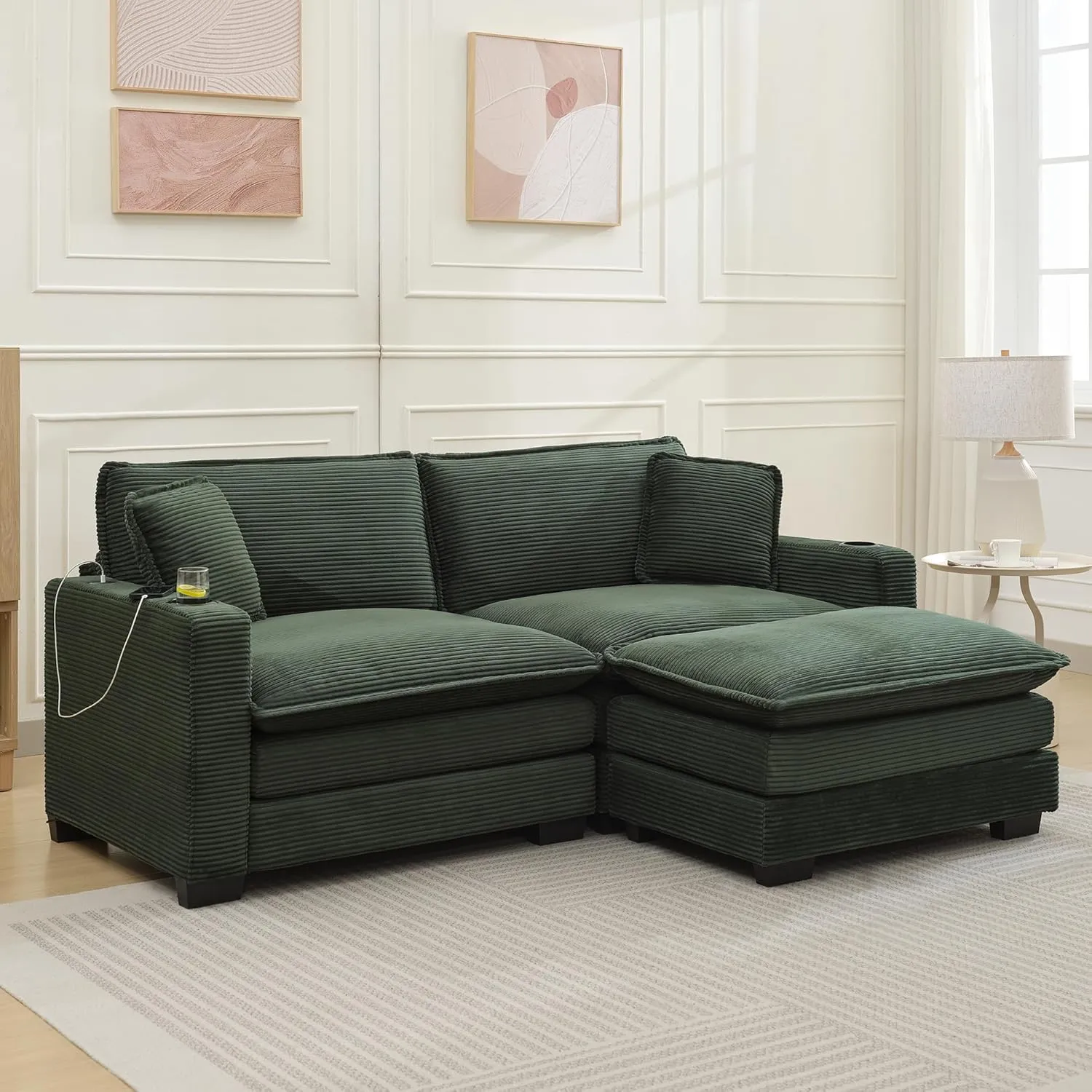 82.7" L Shaped Sectional Sofa with Cup Holders & USB Ports, Modern Loveseat Cloud Couch with Ottoman for Living Room, Apartment, Small Spaces, Emerald Green Corduroy
