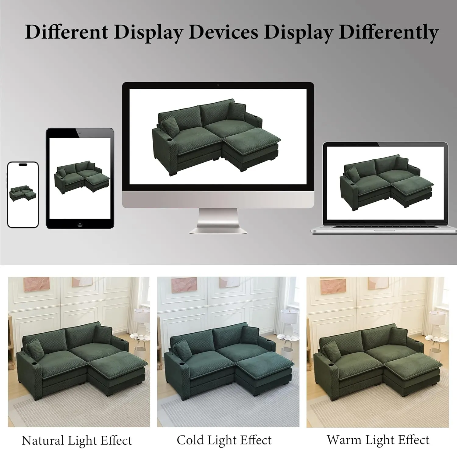 82.7" L Shaped Sectional Sofa with Cup Holders & USB Ports, Modern Loveseat Cloud Couch with Ottoman for Living Room, Apartment, Small Spaces, Emerald Green Corduroy