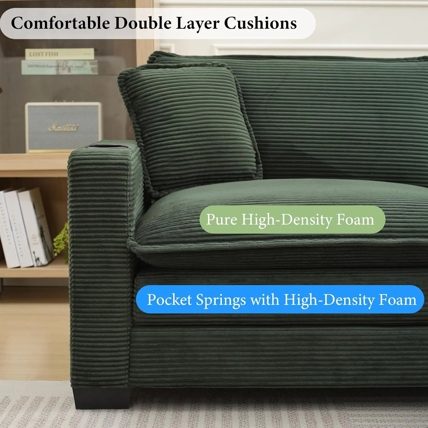 82.7" L Shaped Sectional Sofa with Cup Holders & USB Ports, Modern Loveseat Cloud Couch with Ottoman for Living Room, Apartment, Small Spaces, Emerald Green Corduroy