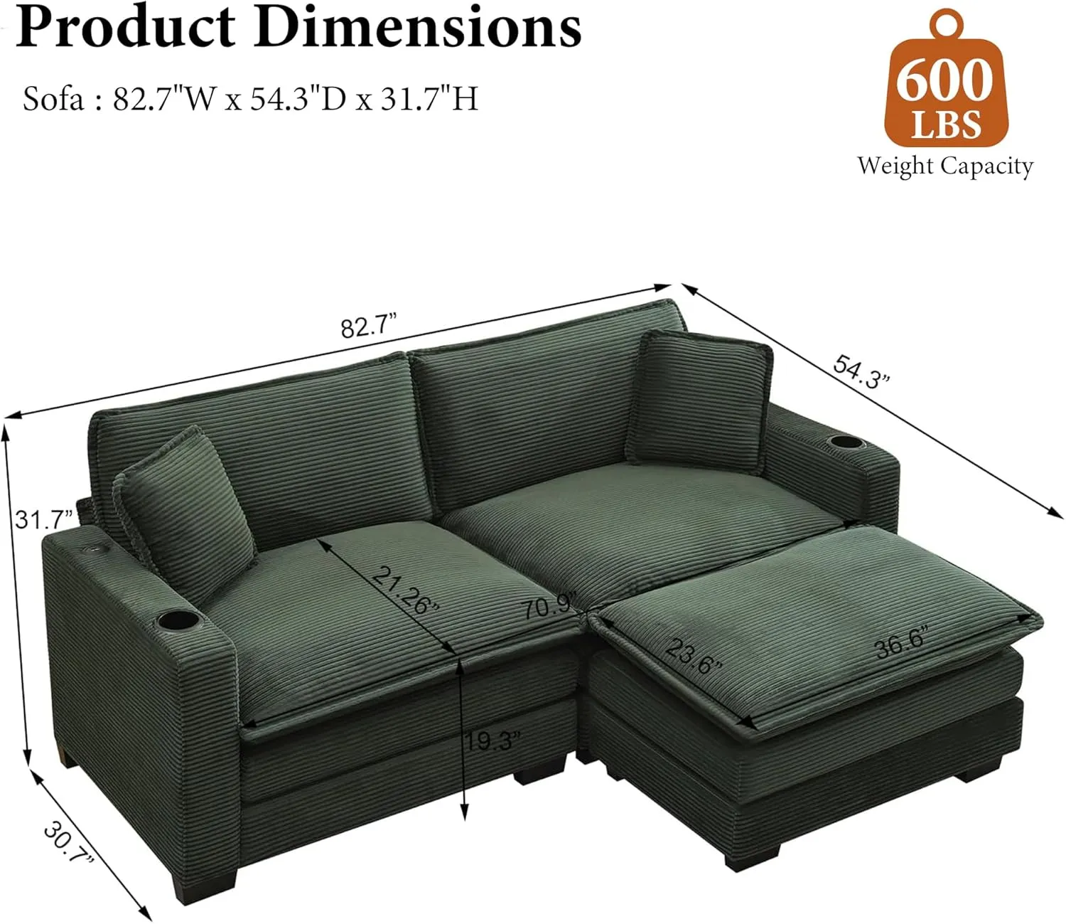82.7" L Shaped Sectional Sofa with Cup Holders & USB Ports, Modern Loveseat Cloud Couch with Ottoman for Living Room, Apartment, Small Spaces, Emerald Green Corduroy