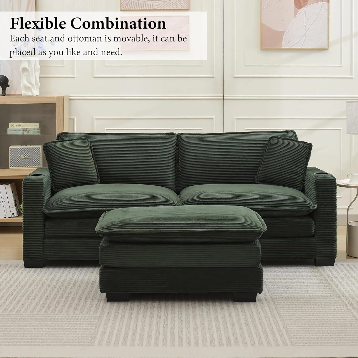82.7" L Shaped Sectional Sofa with Cup Holders & USB Ports, Modern Loveseat Cloud Couch with Ottoman for Living Room, Apartment, Small Spaces, Emerald Green Corduroy