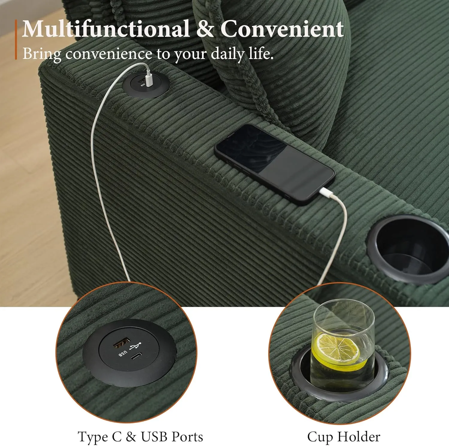 82.7" L Shaped Sectional Sofa with Cup Holders & USB Ports, Modern Loveseat Cloud Couch with Ottoman for Living Room, Apartment, Small Spaces, Emerald Green Corduroy