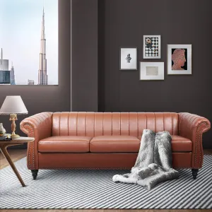 84" Chesterfield 3 Seater Sofa Brown with Rolled Arm, Mid Century Modern Striped PU Leather Couch for Small Spaces