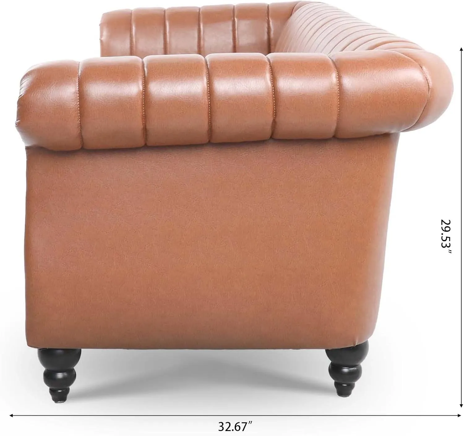 84" Chesterfield 3 Seater Sofa Brown with Rolled Arm, Mid Century Modern Striped PU Leather Couch for Small Spaces