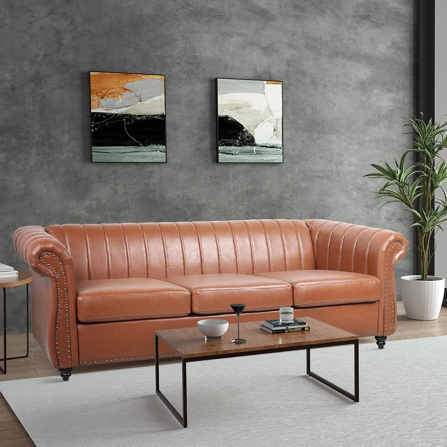 84" Chesterfield 3 Seater Sofa Brown with Rolled Arm, Mid Century Modern Striped PU Leather Couch for Small Spaces