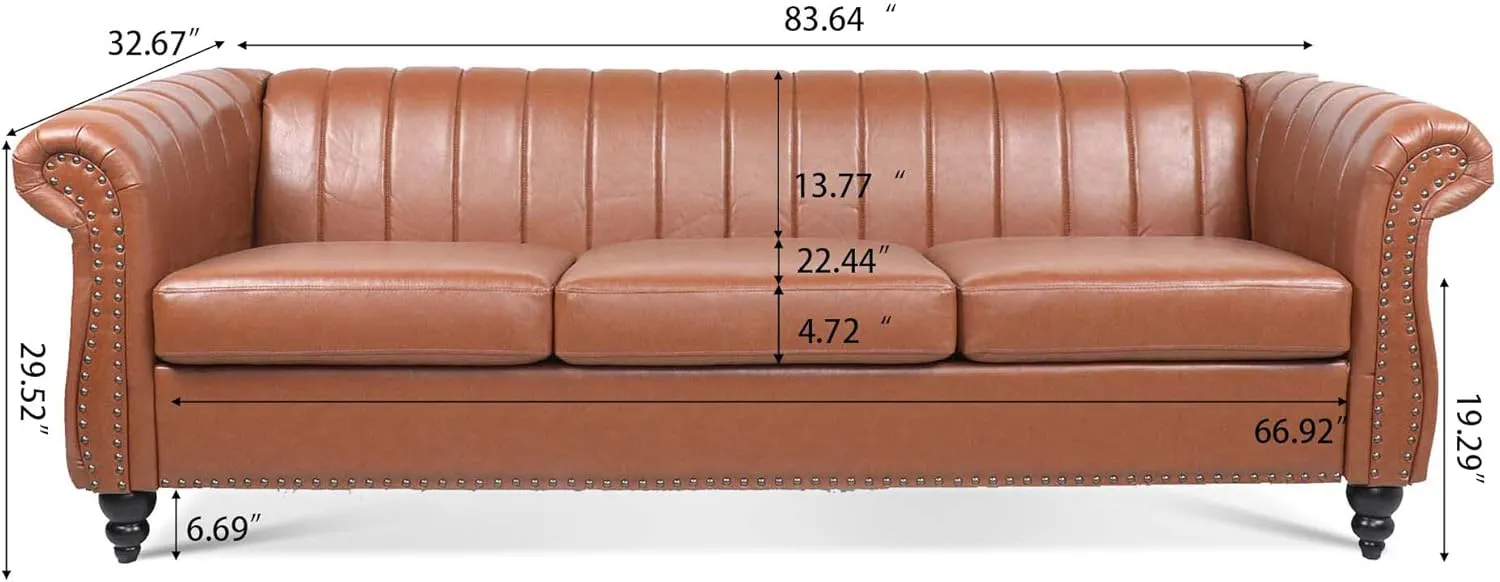 84" Chesterfield 3 Seater Sofa Brown with Rolled Arm, Mid Century Modern Striped PU Leather Couch for Small Spaces