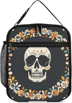 A Wreath Surrounds The Skeleton Lunch Bag Reusable Lunch Tote Bag for Women Men Portable Insulated Lunch Cooler Bags Leakproof Meal Prep Lunch Box with Zipper