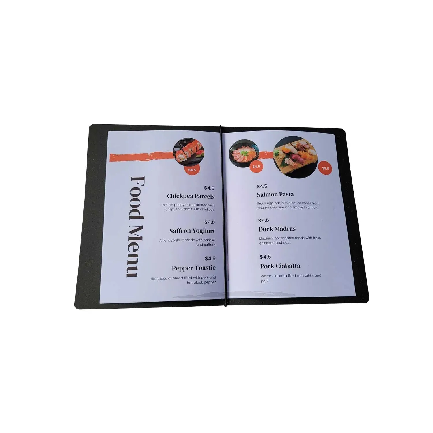 A5 Leather Menu Black or Light Tan with or without pockets