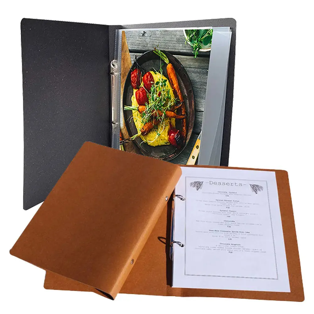 A5 Menu Binder Charcoal Black or Light Tan with or without pockets