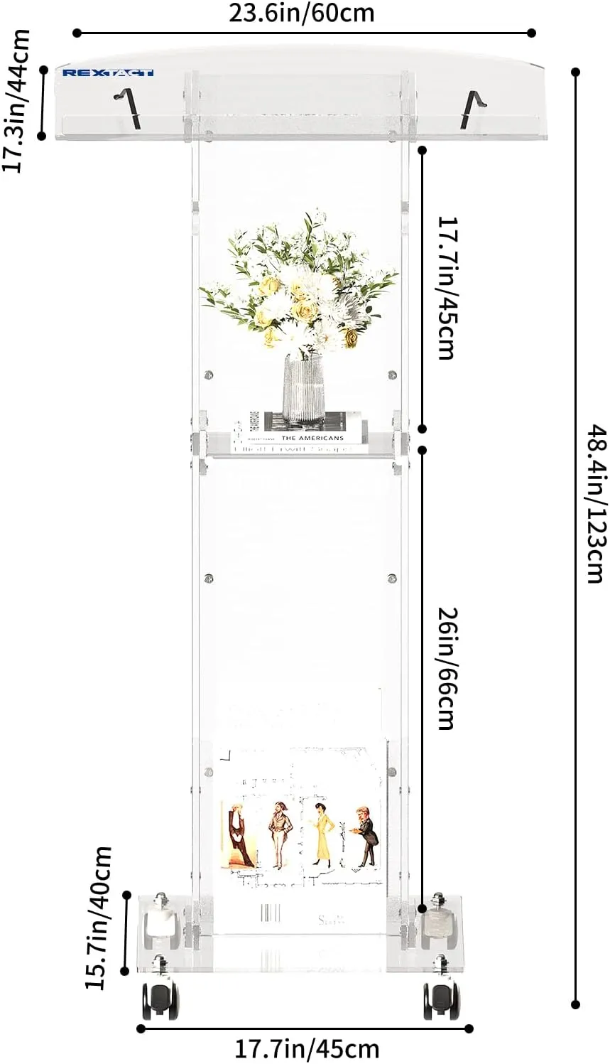 Acrylic Podium Stand，49“ Tall Portable Podium with Lockable Wheels, Clear lecterns & Podium with Storage Shelf for Classroom, Pulpit Podium for Church,Wedding,Presentation