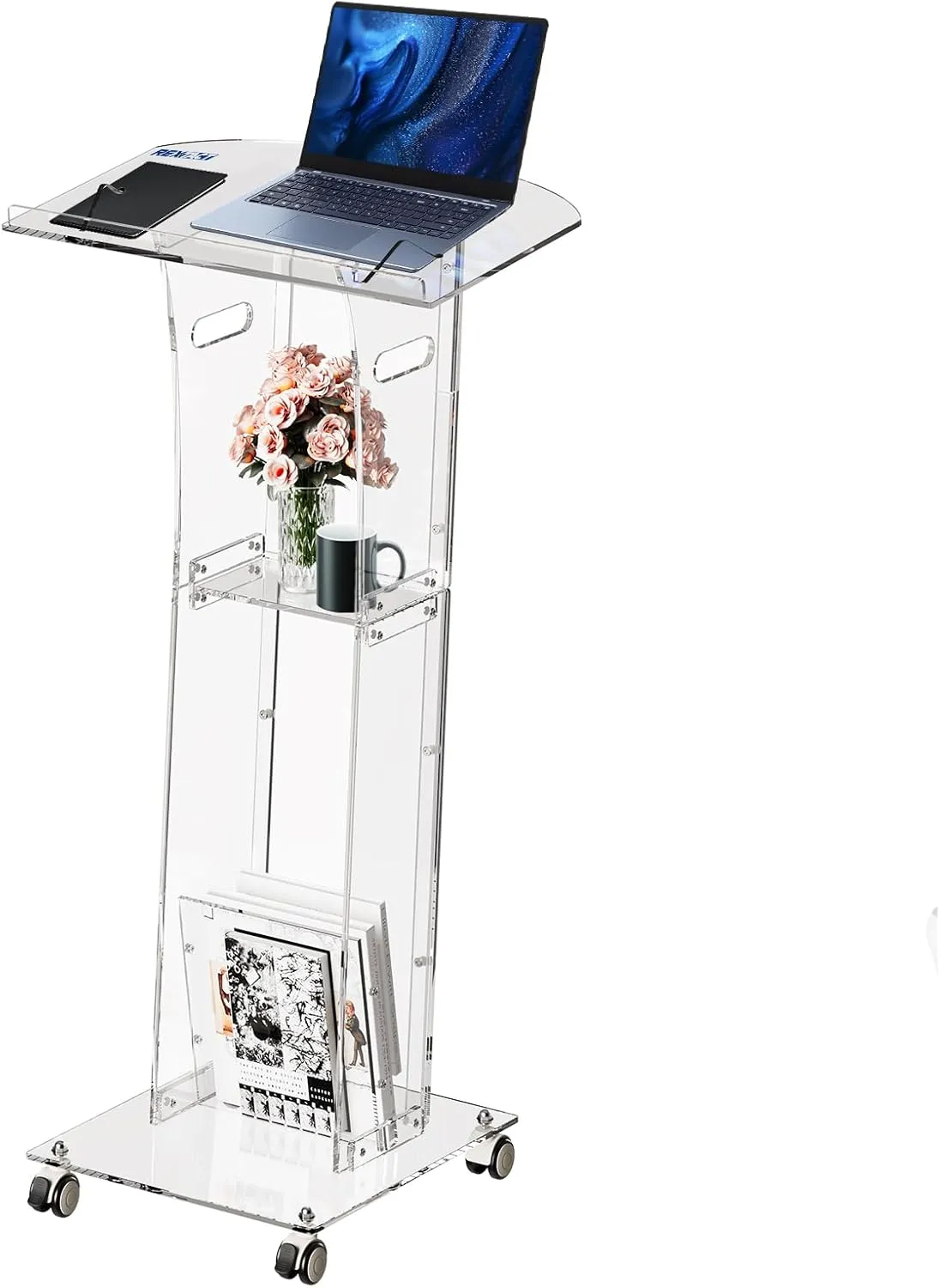 Acrylic Podium Stand，49“ Tall Portable Podium with Lockable Wheels, Clear lecterns & Podium with Storage Shelf for Classroom, Pulpit Podium for Church,Wedding,Presentation