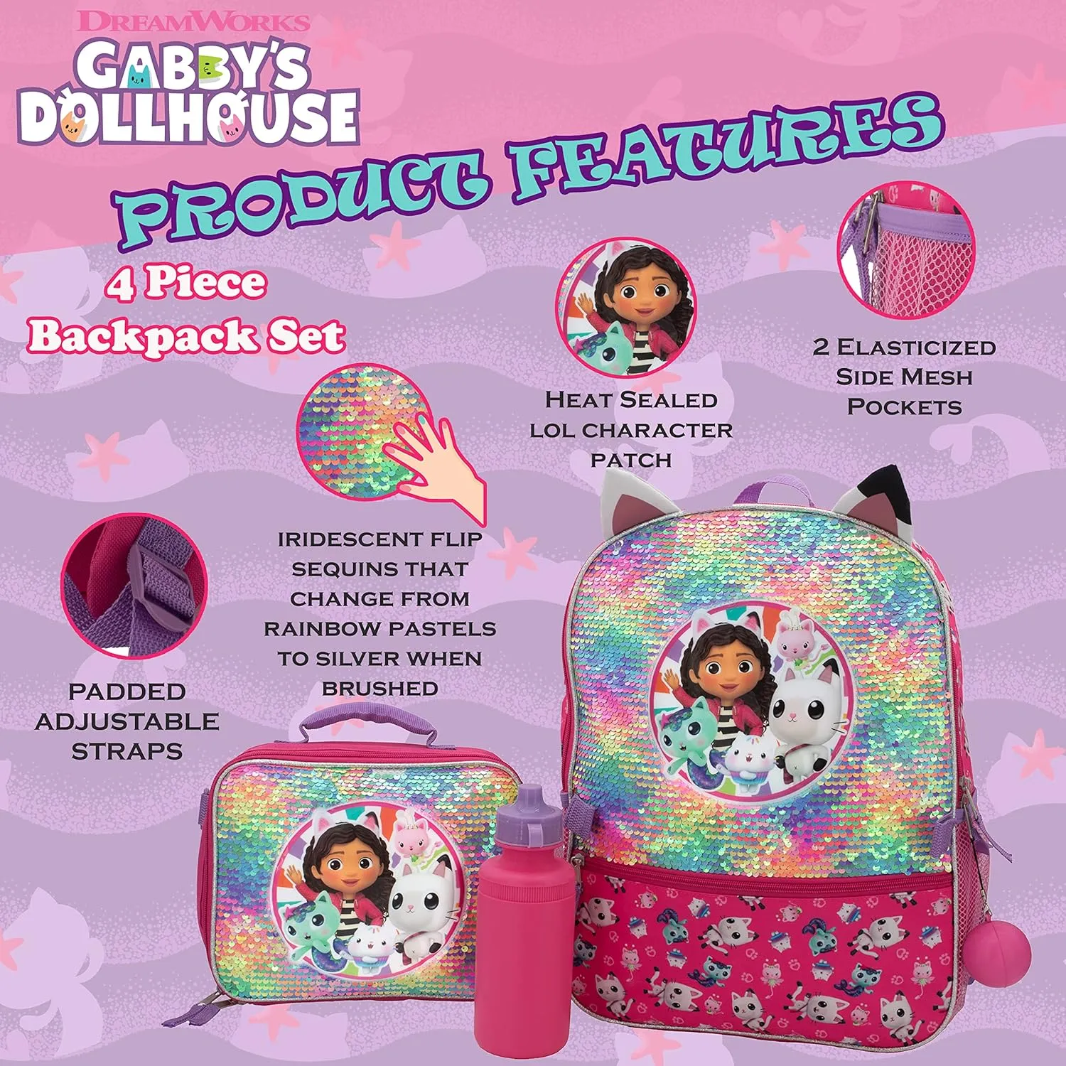 AI ACCESSORY INNOVATIONS Gabby’s Doll House 4 Piece Backpack Set, Flip Sequin 16" School Bag for Girls with Front Zip Pocket, Pink