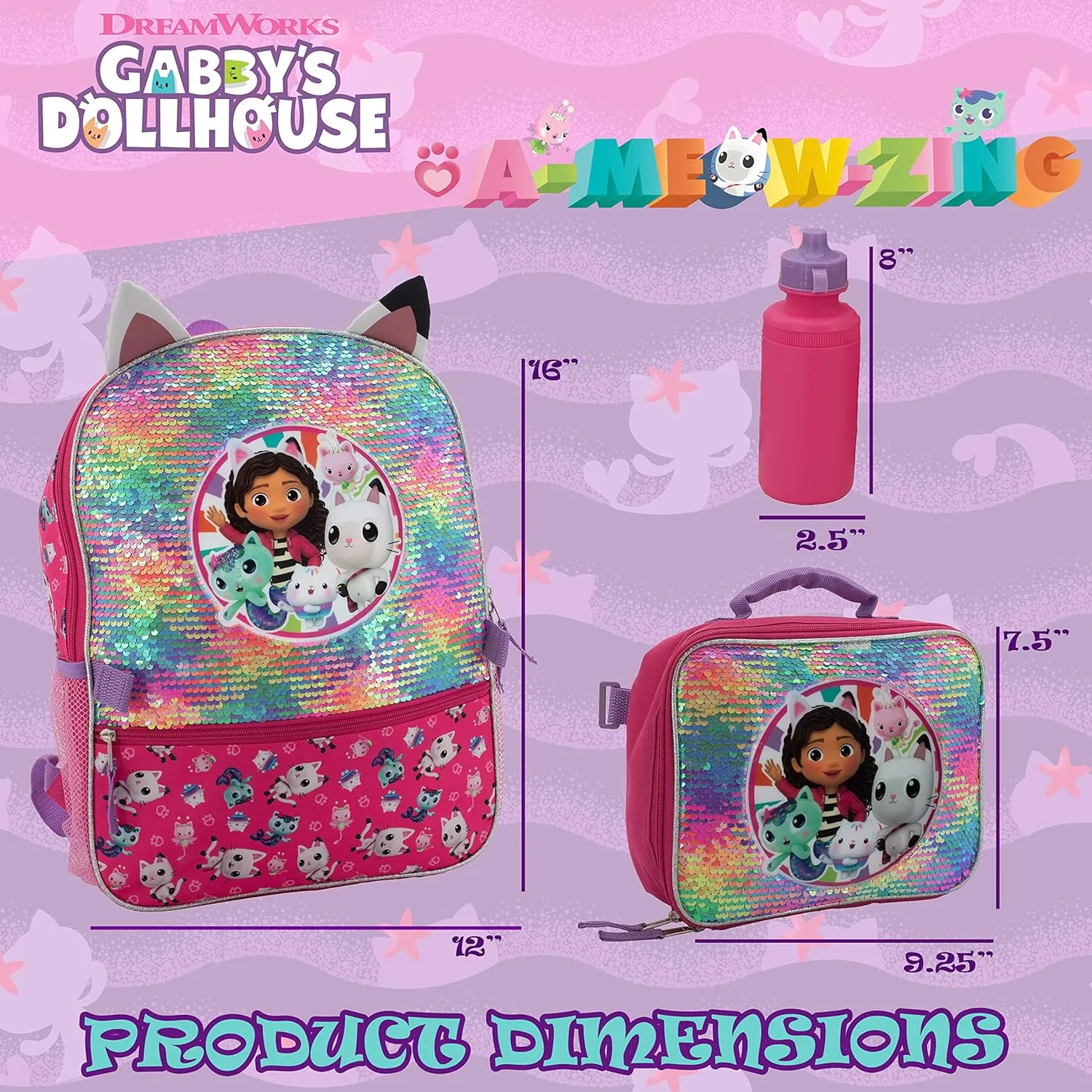 AI ACCESSORY INNOVATIONS Gabby’s Doll House 4 Piece Backpack Set, Flip Sequin 16" School Bag for Girls with Front Zip Pocket, Pink