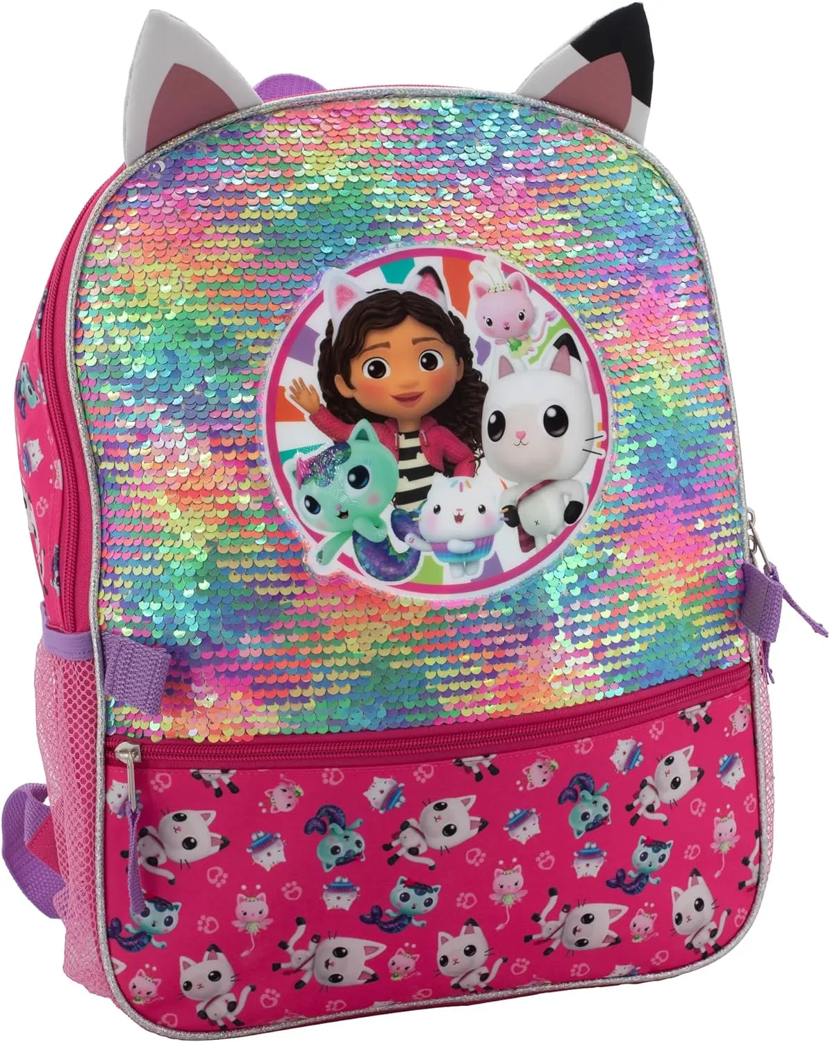AI ACCESSORY INNOVATIONS Gabby’s Doll House 4 Piece Backpack Set, Flip Sequin 16" School Bag for Girls with Front Zip Pocket, Pink