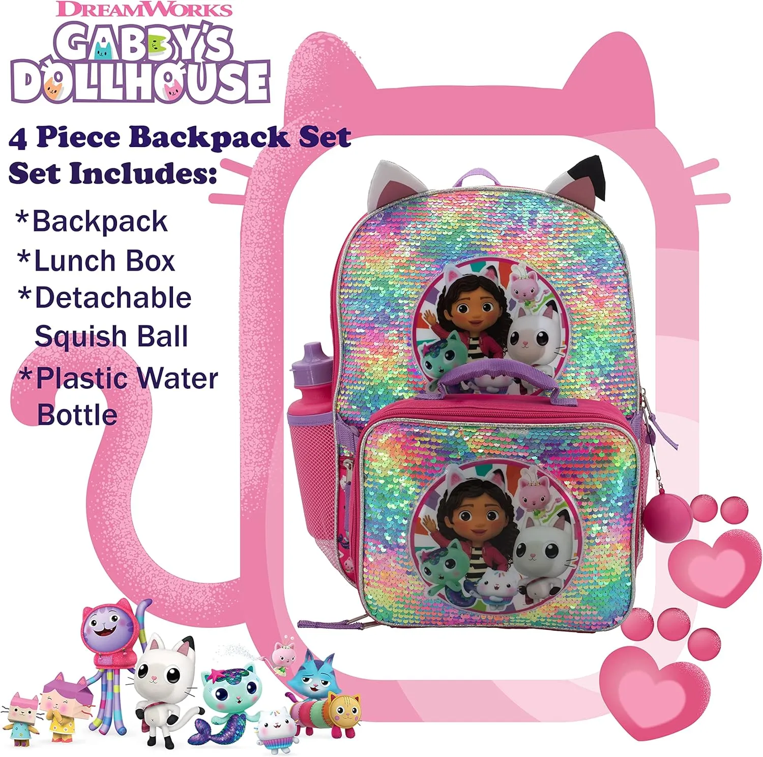 AI ACCESSORY INNOVATIONS Gabby’s Doll House 4 Piece Backpack Set, Flip Sequin 16" School Bag for Girls with Front Zip Pocket, Pink
