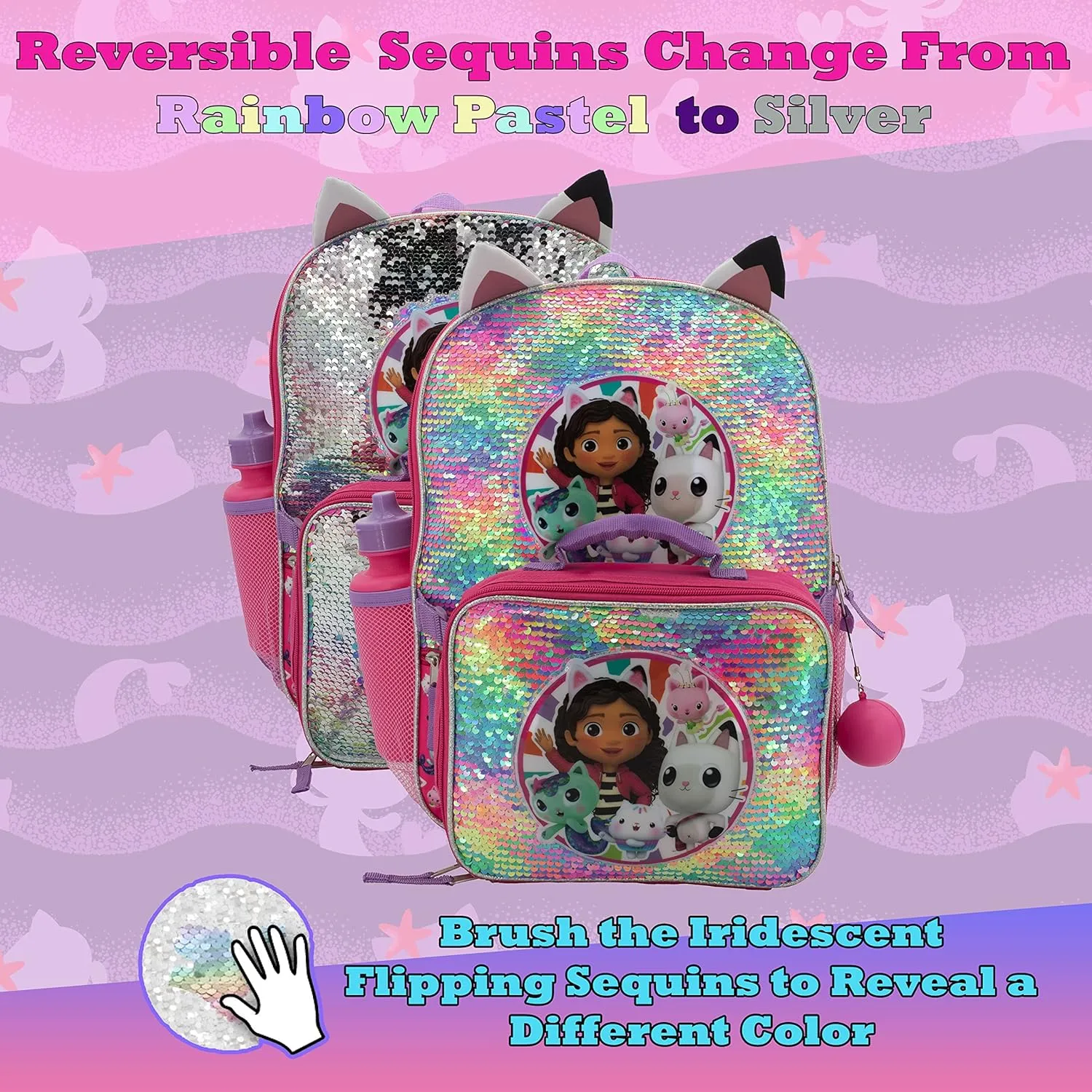 AI ACCESSORY INNOVATIONS Gabby’s Doll House 4 Piece Backpack Set, Flip Sequin 16" School Bag for Girls with Front Zip Pocket, Pink