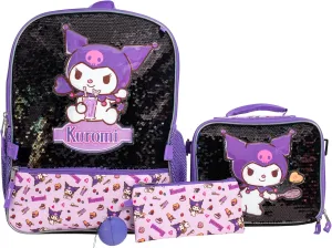 AI ACCESSORY INNOVATIONS Sanrio’s Kuromi 4 Piece Backpack Set, Hello Kitty Kawaii Flip Sequin Girls School Bag with Front Zip Pocket, 2 Side Mesh Pockets, Black & Purple