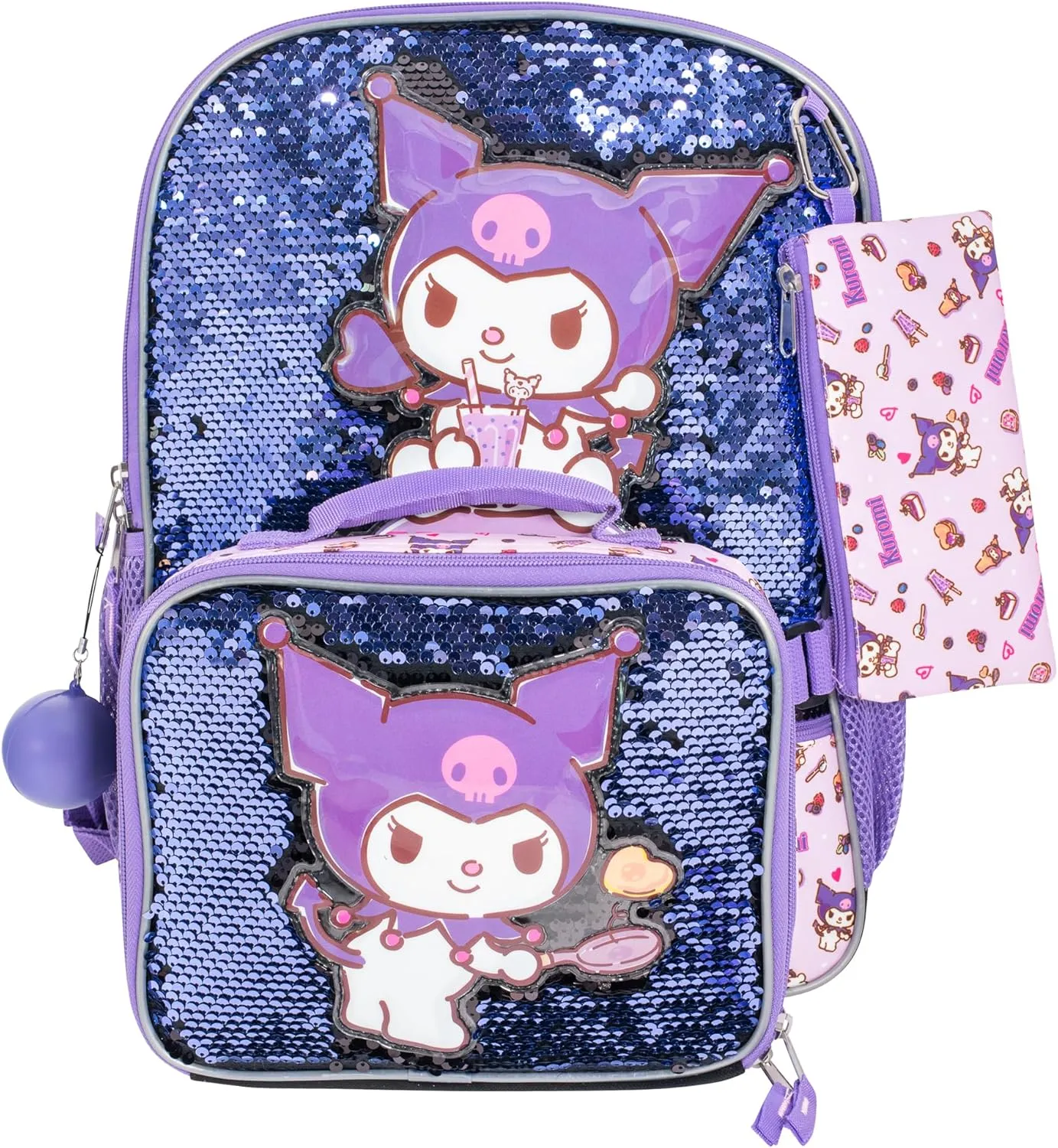 AI ACCESSORY INNOVATIONS Sanrio’s Kuromi 4 Piece Backpack Set, Hello Kitty Kawaii Flip Sequin Girls School Bag with Front Zip Pocket, 2 Side Mesh Pockets, Black & Purple